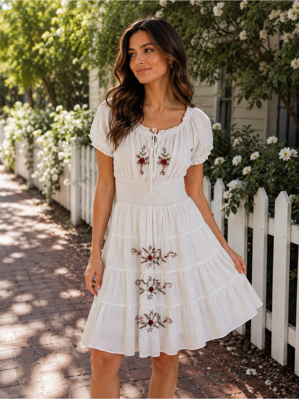 White Embroidered Puff-Sleeve Summer Dress Praire Whimsical Boho